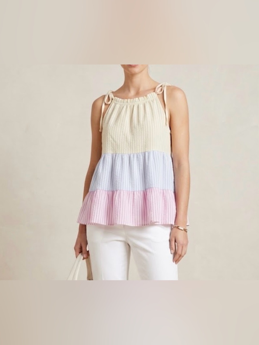 Blu Pepper Striped Tie Shoulder Babydoll Tank Top Multi Color Pastel Women's L